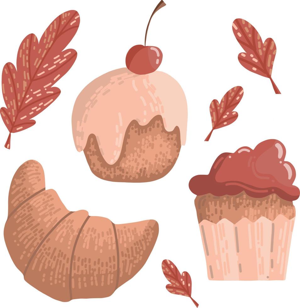 Vector cozy fall set with cream cake with cherries, croissant, cupcake and oak leaves. Hand-drawn doodles in red and orange tones