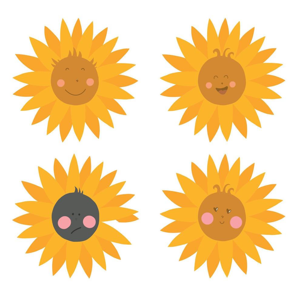 Vector set of illustrations - 4 drawings of a sunflower with different faces and emotions. Children's drawing concept