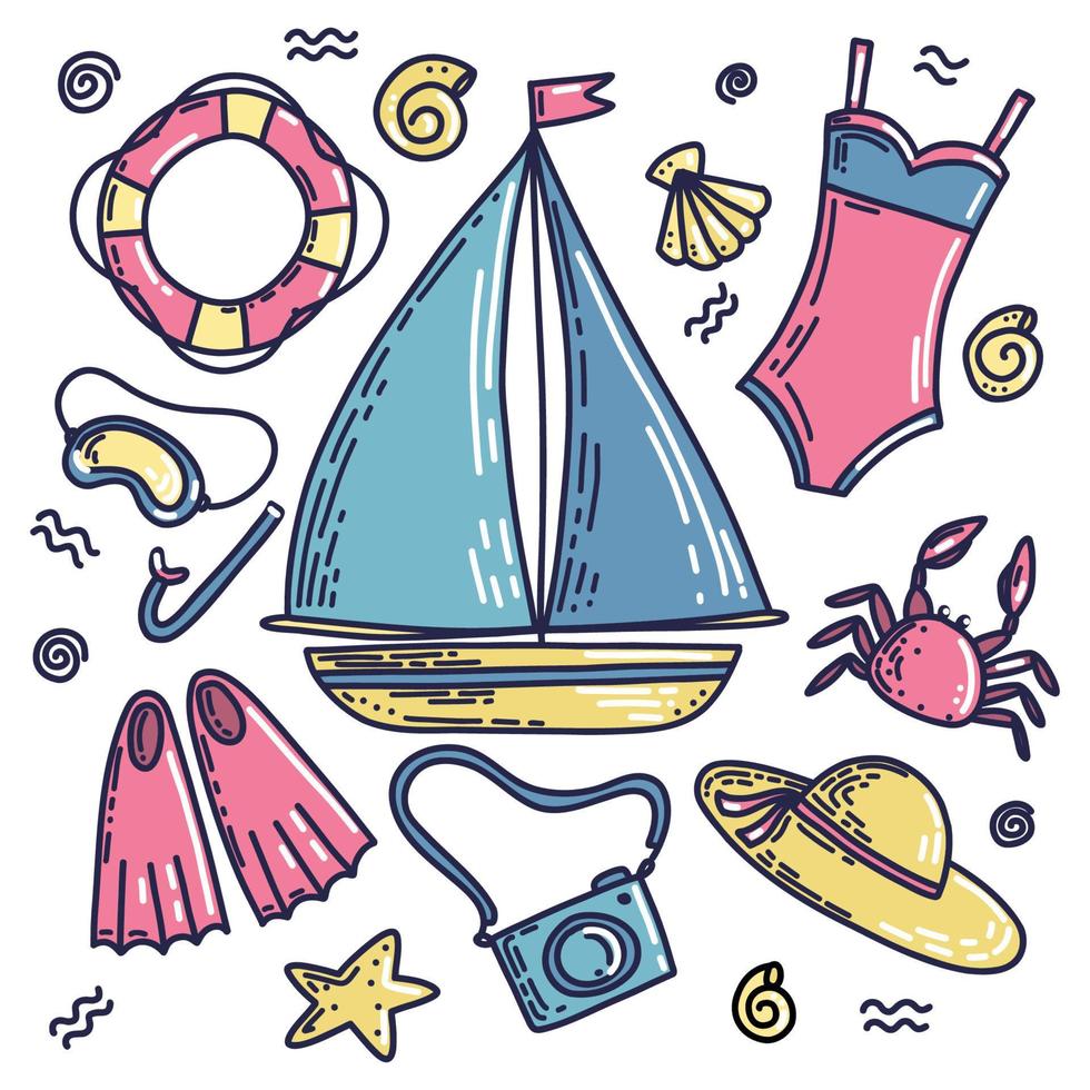 Vector set of illustrations, different elements on the summer theme,  sailboat, swimsuit, flippers, diving mask, circle, hat, crab, shells. Beautiful bright childrens colors, pink, blue, yellow