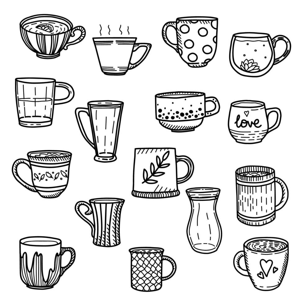 Collection of different doodle cups decorated with design elements. Vector set of colored mugs, filling drinks isolation on white background