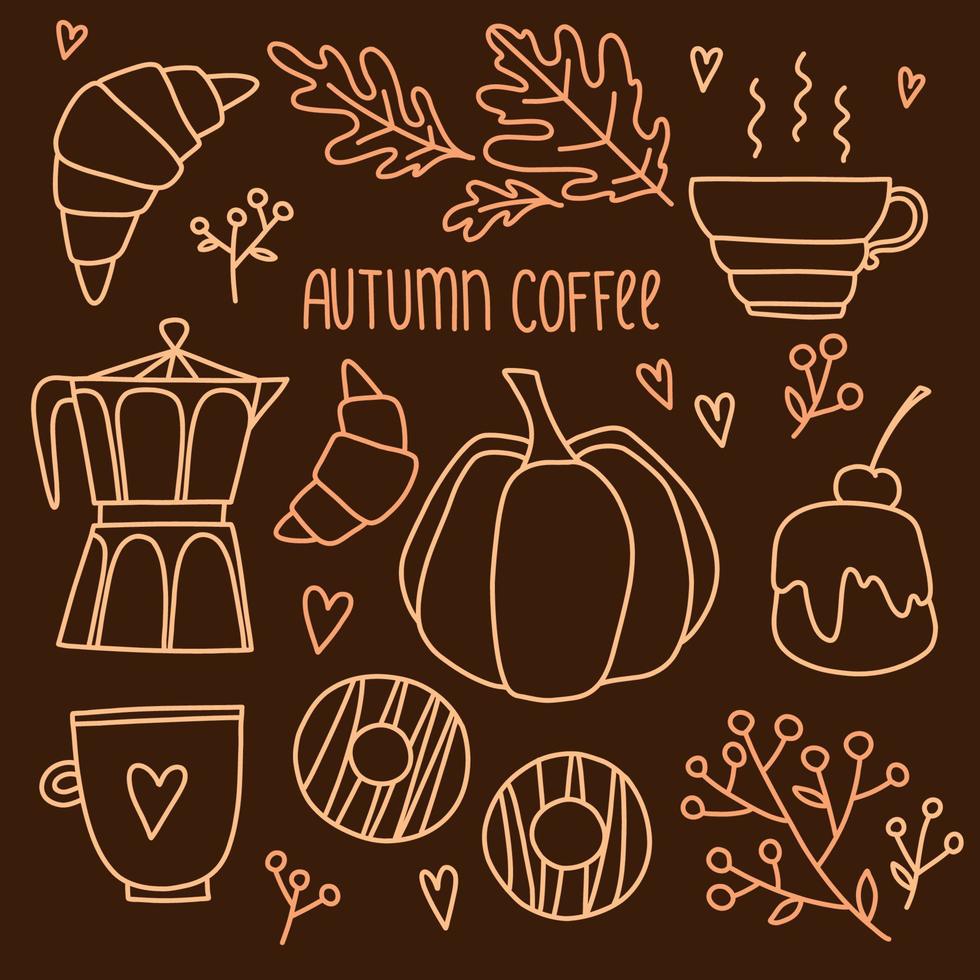 Vector cozy fall set with cute fall pumpkin, cream cakes, hot chocolate drink, coffee pot, donuts, croissants, oak leaves, rowan berries and hearts on brown background