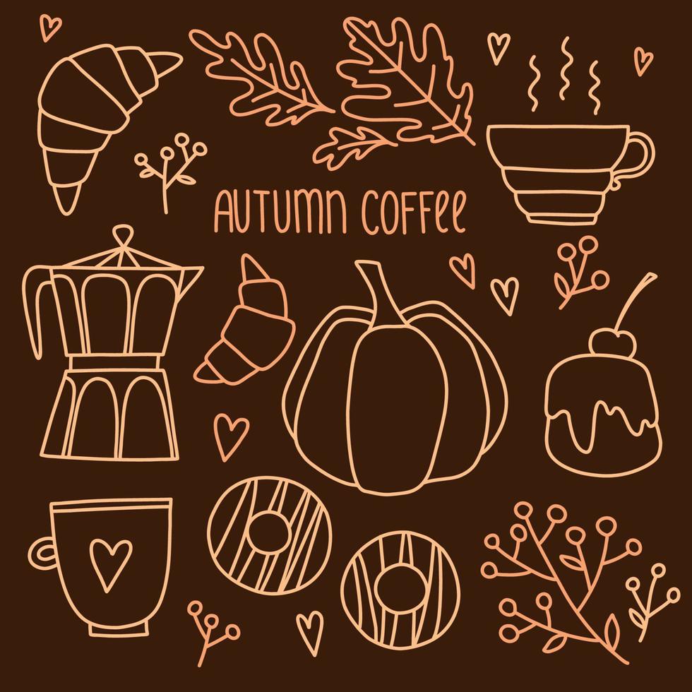 Conjunto de otoño acogedor vectorial con linda calabaza de otoño, pasteles de crema, bebida de chocolate caliente, cafetera, donuts, croissants, hojas de roble, bayas de serbal y corazones sobre fondo marrón vector