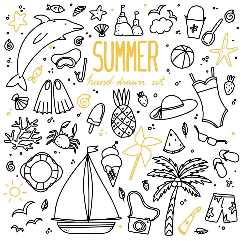 Vector set of illustrations, different elements in the doodle style - palm, waves, butterflies, flowers, sea, sun, stars, seashells
