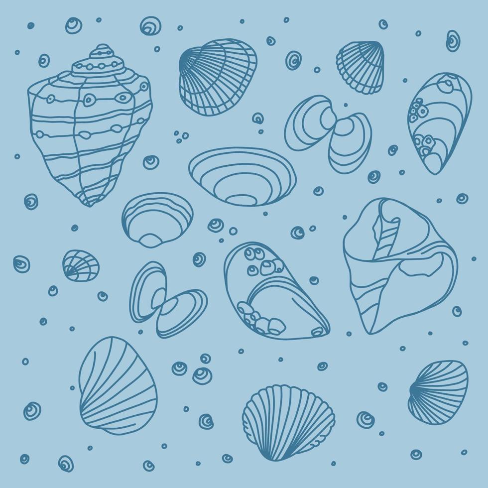 Vector set of illustrations - various shells on blue background. The concept of summer time and maritime mood. Black and white illustration in the style of doodles