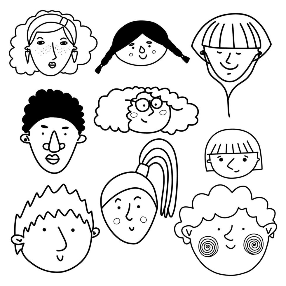 Collection of cute and diverse hand drawn faces in black and white. Doodle-style people icons for design, stickers, prints vector