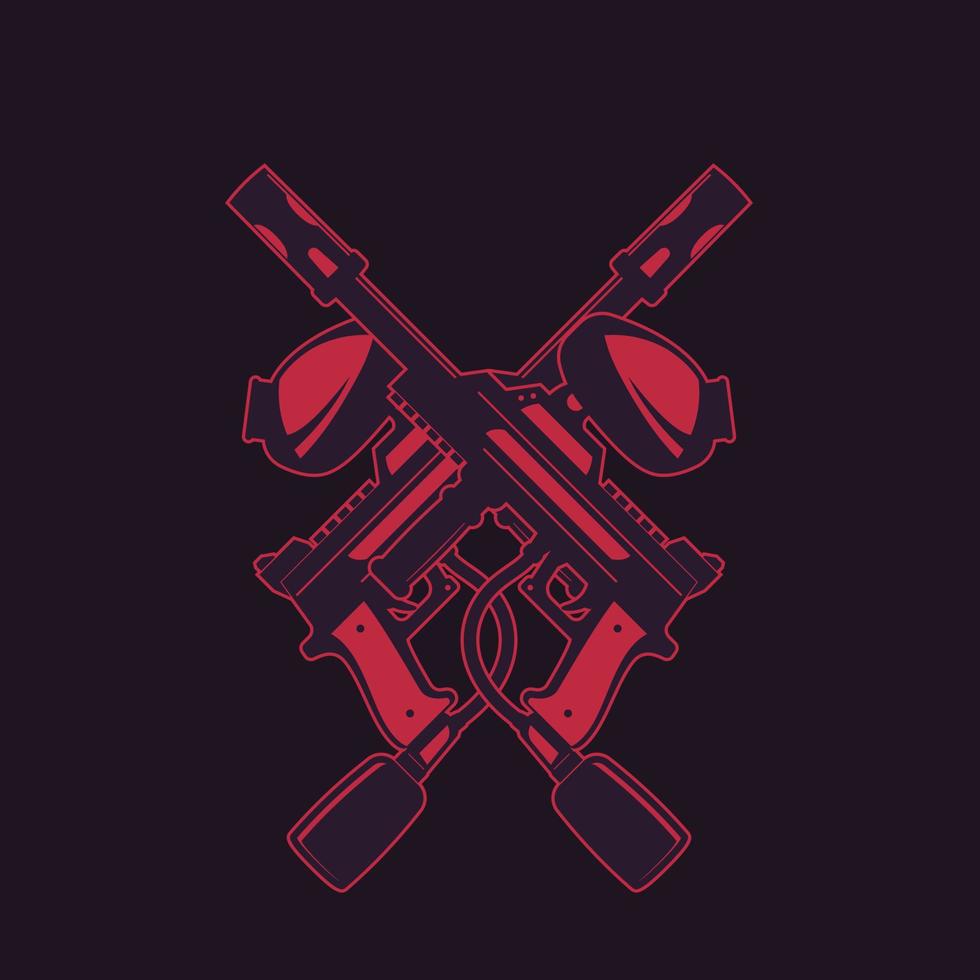 Pistolas de paintball cruzadas en la oscuridad, ilustración vectorial vector