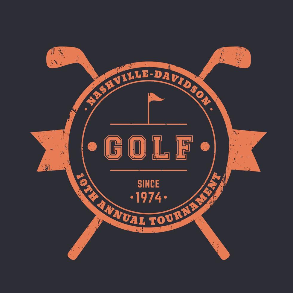 insignia redonda vintage del torneo de golf, cartel con palos de golf cruzados, ilustración vectorial vector