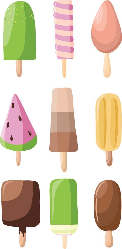 Vector set of 9 popsicles, chocolate, raspberry, strawberry, lemon and other different flavors. Decorative elements isolated on white background