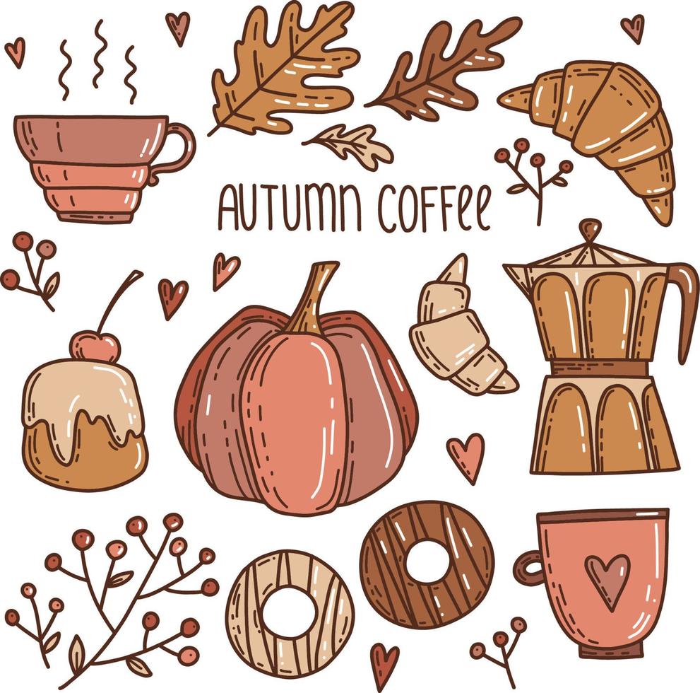 Vector cozy fall set with cute fall pumpkin, cream cakes, hot chocolate drink, coffee pot, donuts, croissants, oak leaves, rowan berries and hearts. Hand-drawn doodles