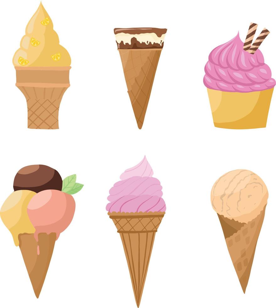 Vector set of 6 ice creams in a cone, chocolate, raspberry, strawberry, lemon. Decorative elements isolated on white