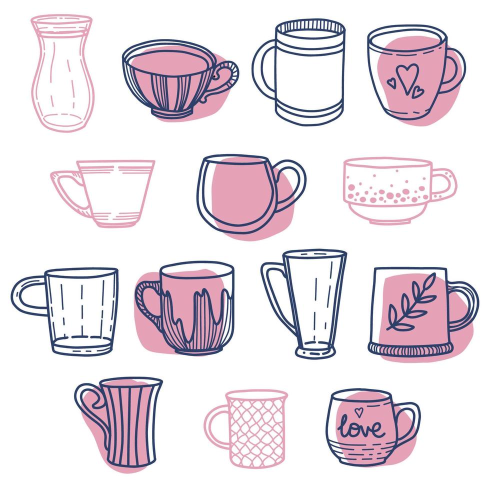 Collection of different doodle cups decorated with design elements. Vector set of colored mugs, filling drinks in pink and blue colors isolation on white background.