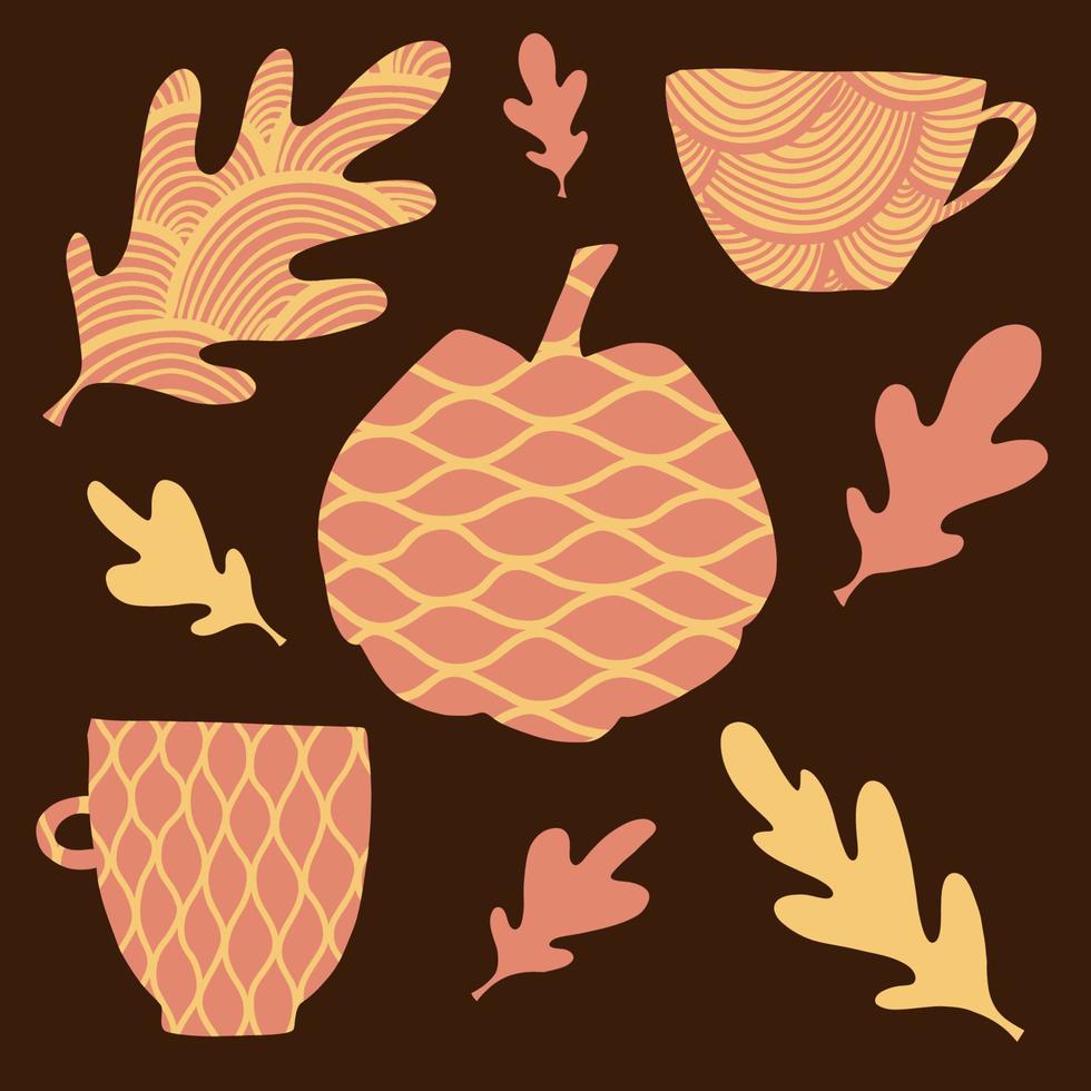 conjunto abstracto de otoño con elementos: calabaza, tazas, hojas de otoño en colores amarillo y naranja sobre fondo marrón vector