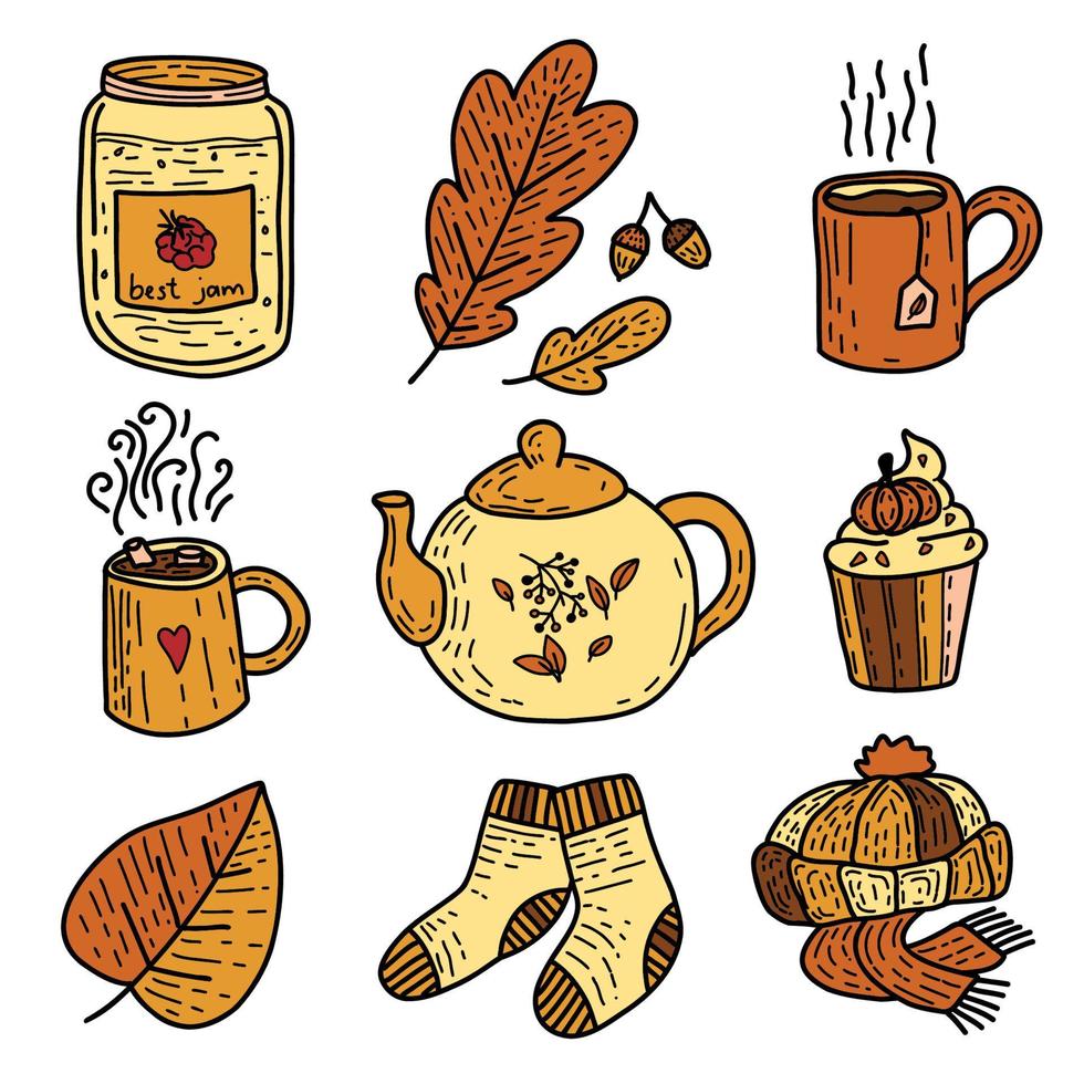 Autumn scrapbook bundle, cozy fall icons or stickers with mug, cup, kettle, cakes and leaves. Socks and warm hat and scarf vector set