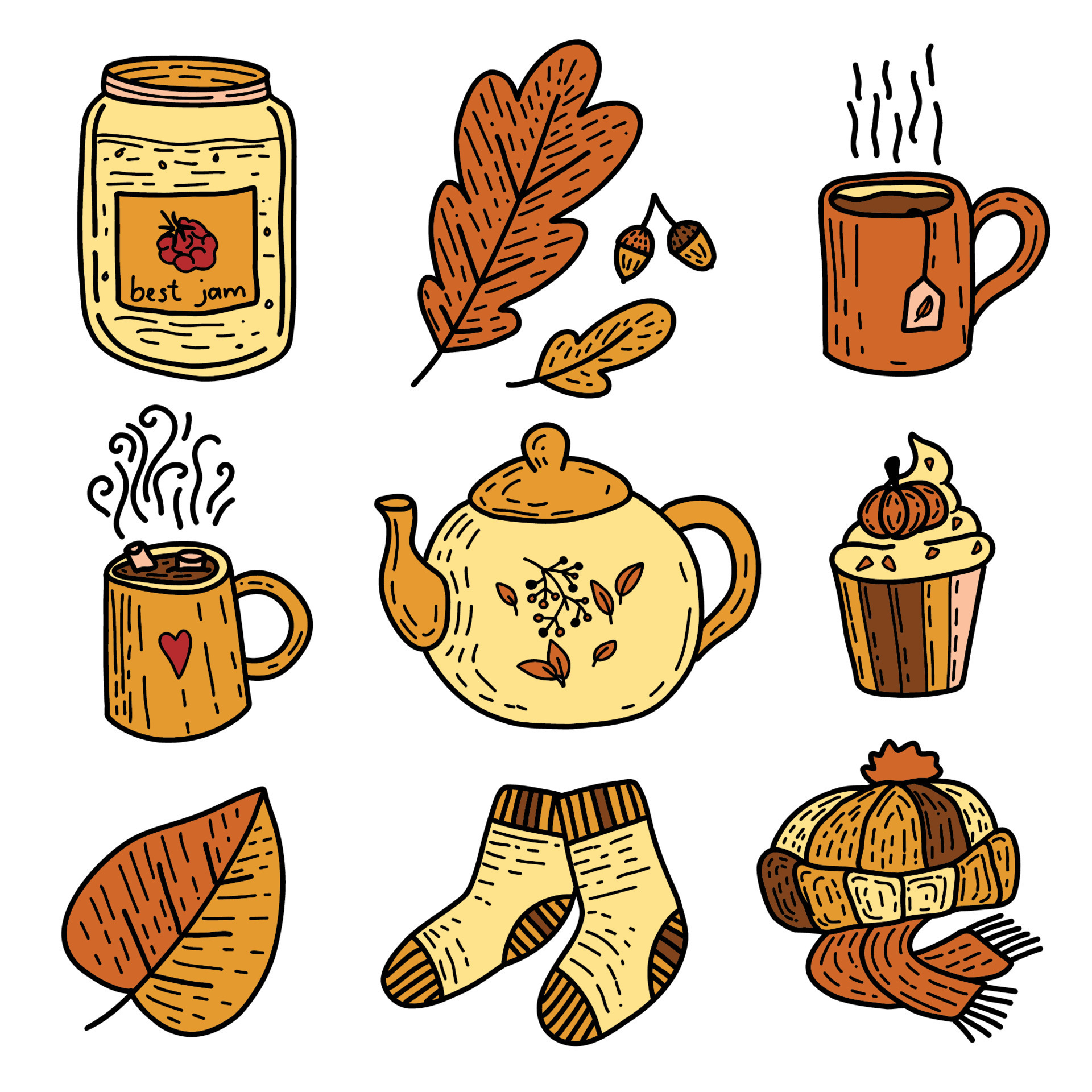 Autumn scrapbook bundle, cozy fall icons or stickers with mug, cup, kettle,  cakes and leaves. Socks and warm hat and scarf vector set 8450158 Vector  Art at Vecteezy
