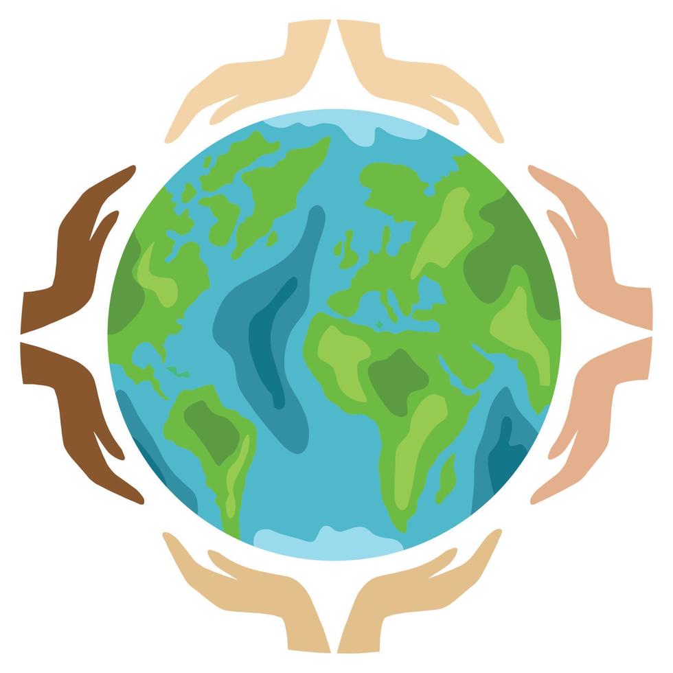 Hands of diverse people holding planet Earth. Tolerance, unity and peace metaphor. Flat Cartoon Vector Illustration.