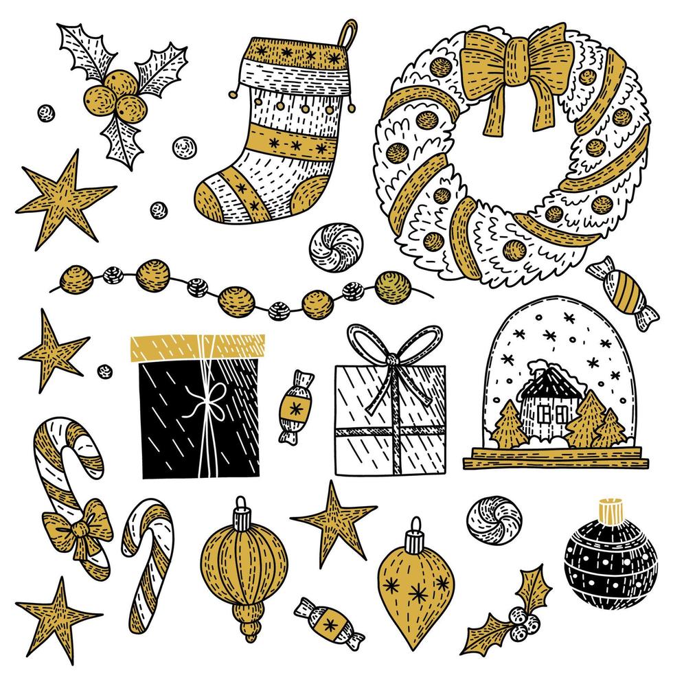 Doodles Christmas elements. Color vector items. Illustration with new year decor. Design for prints and cards