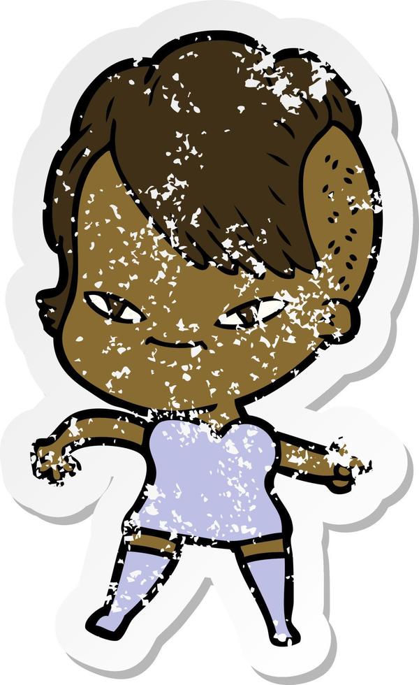 distressed sticker of a cute cartoon girl with hipster haircut vector