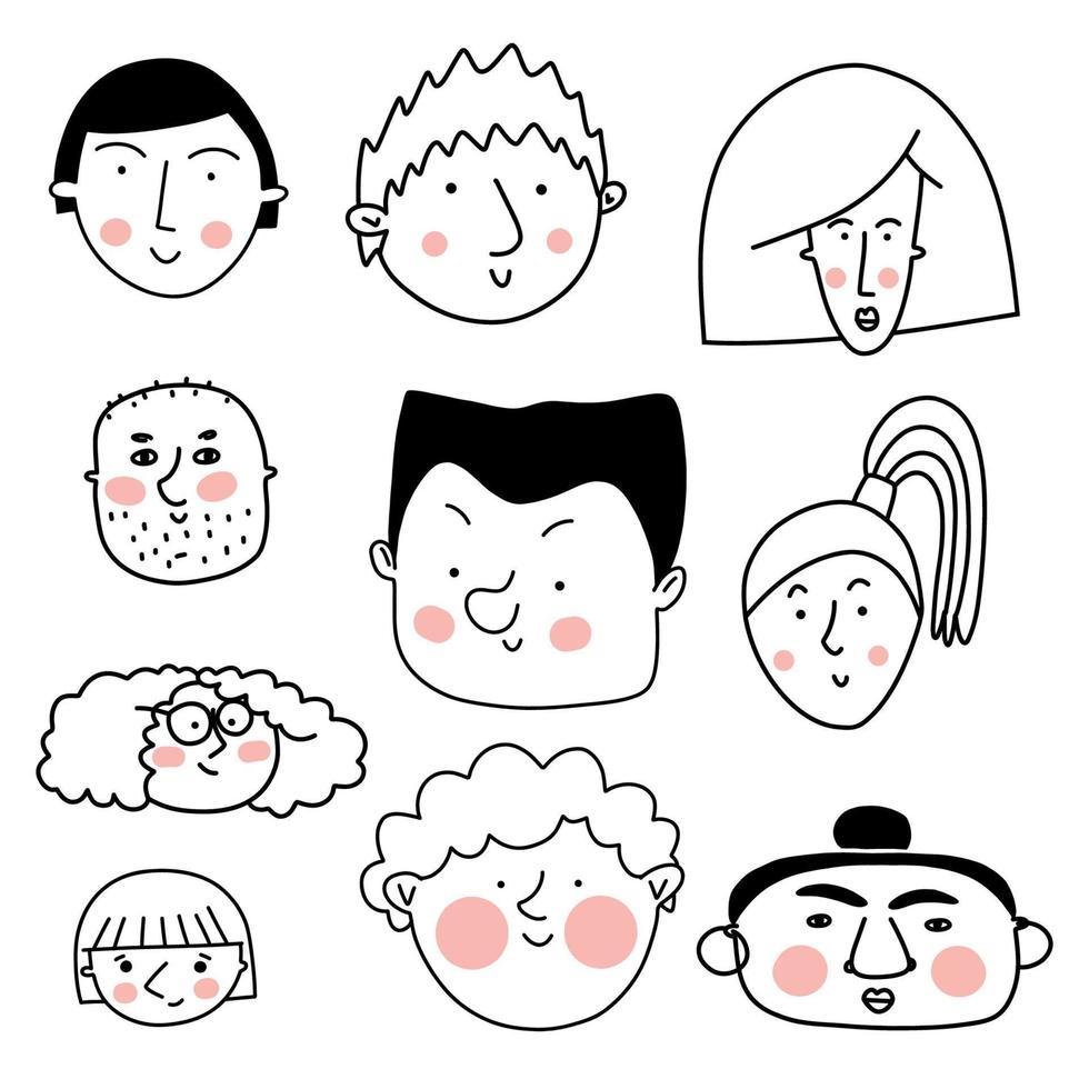 colección de caras lindas y diversas dibujadas a mano con mejillas rosadas en blanco y negro. iconos de personas estilo garabato para diseño, pegatinas, impresiones vector