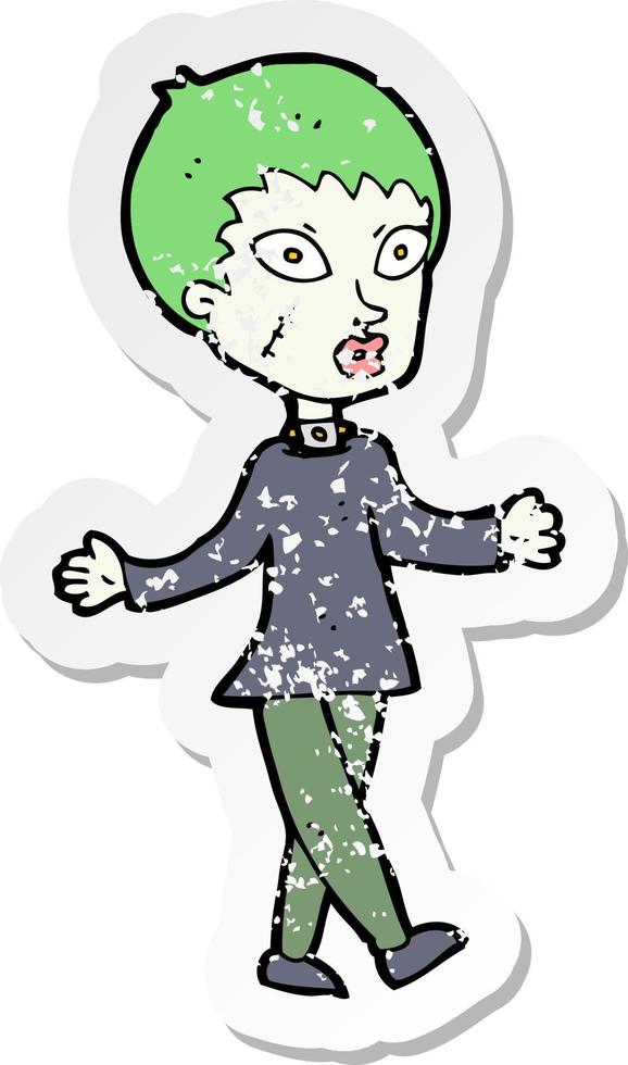 retro distressed sticker of a cartoon halloween zombie woman vector