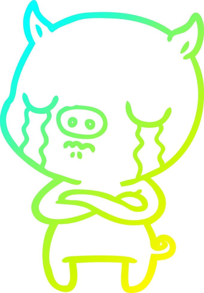 cold gradient line drawing cartoon pig crying vector