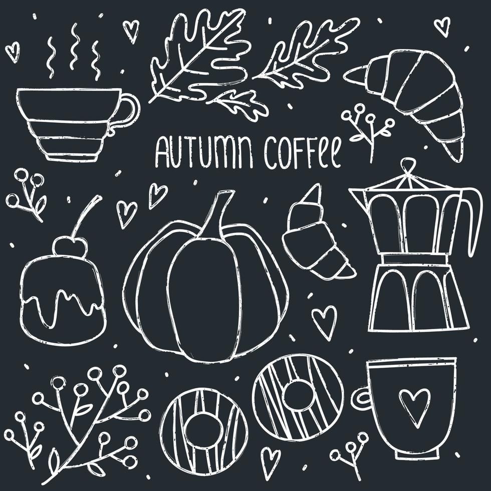 Vector cozy fall set with cute fall pumpkin, cream cakes, hot chocolate drink, coffee pot, donuts, croissants, oak leaves, rowan berries and hearts on chalk board