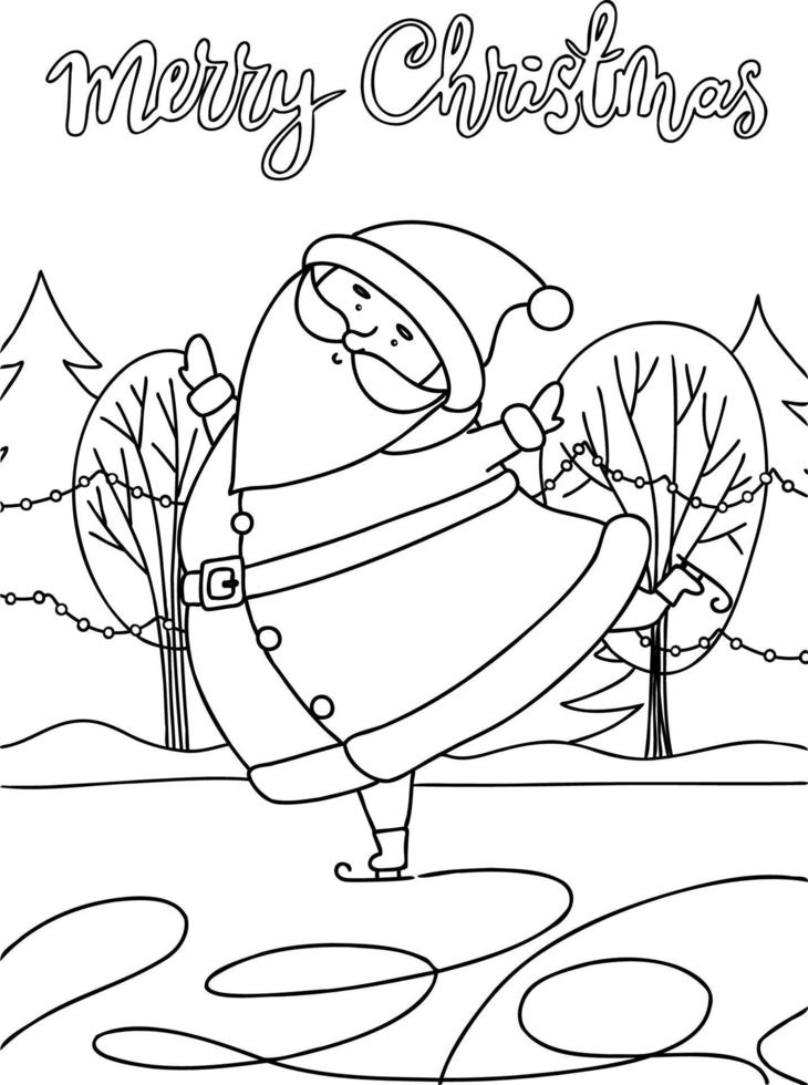 Coloring Pages. Coloring book Santa Claus skate on ice. Isolated. Vector illustration