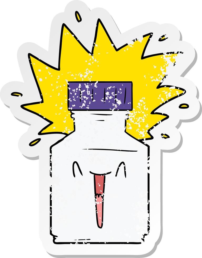 distressed sticker of a cartoon pill jar vector