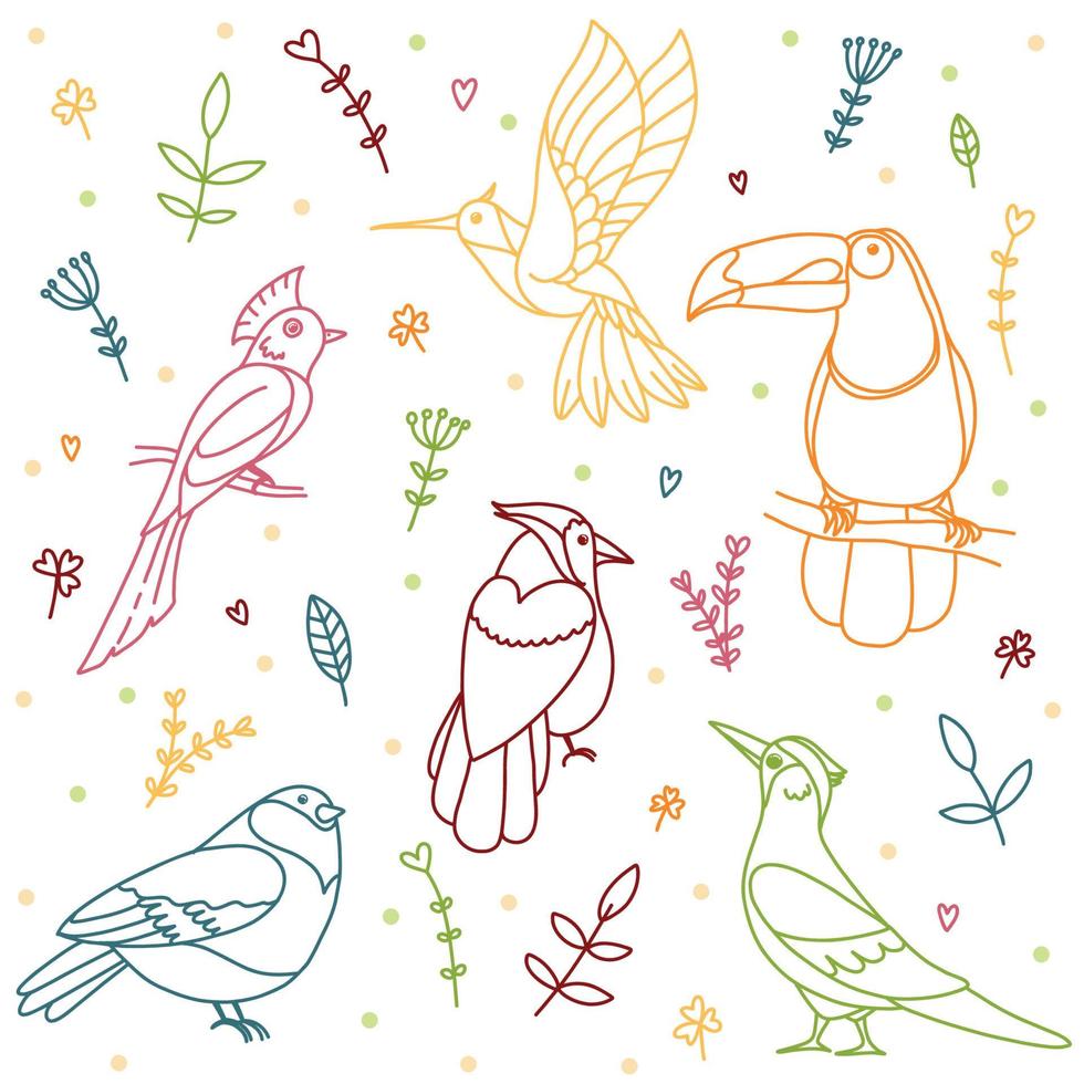 Set of bright tropical fantasy birds of paradise in doodle style with floral and vegetal ornaments. Collection for stickers, patterns, decor, prints vector