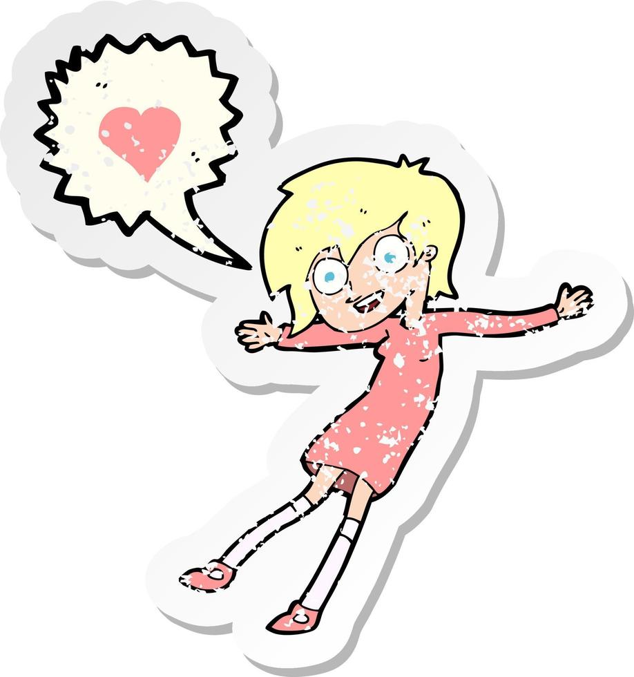 retro distressed sticker of a cartoon woman in love vector