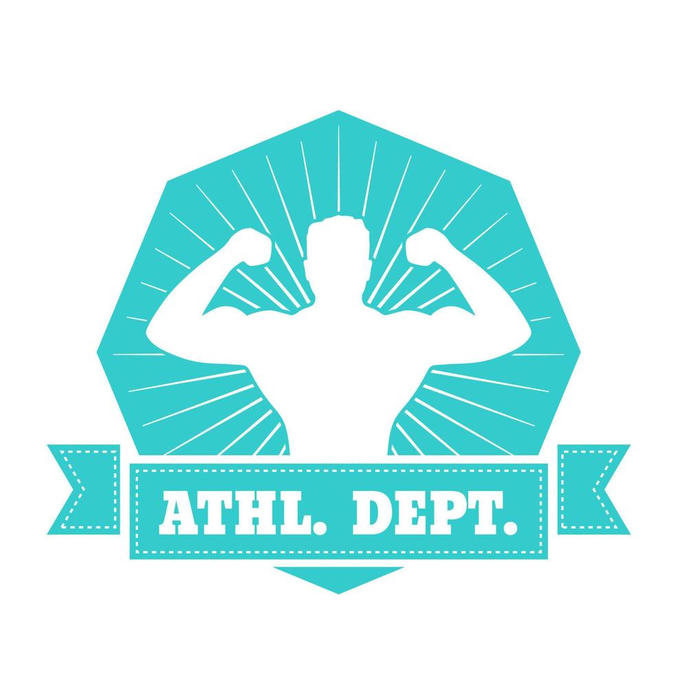 Athletic dept. emblem, t-shirt design with posing athlete isolated on white, vector illustration