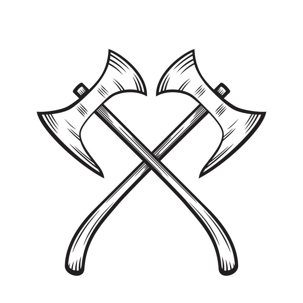crossed axes, medieval weapons on white, vector illustration