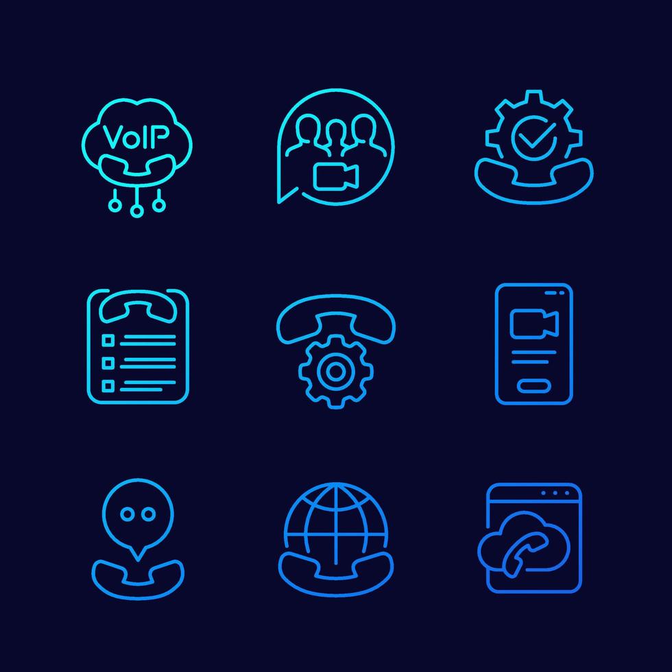 Voip telephony, video call and roaming line icons vector