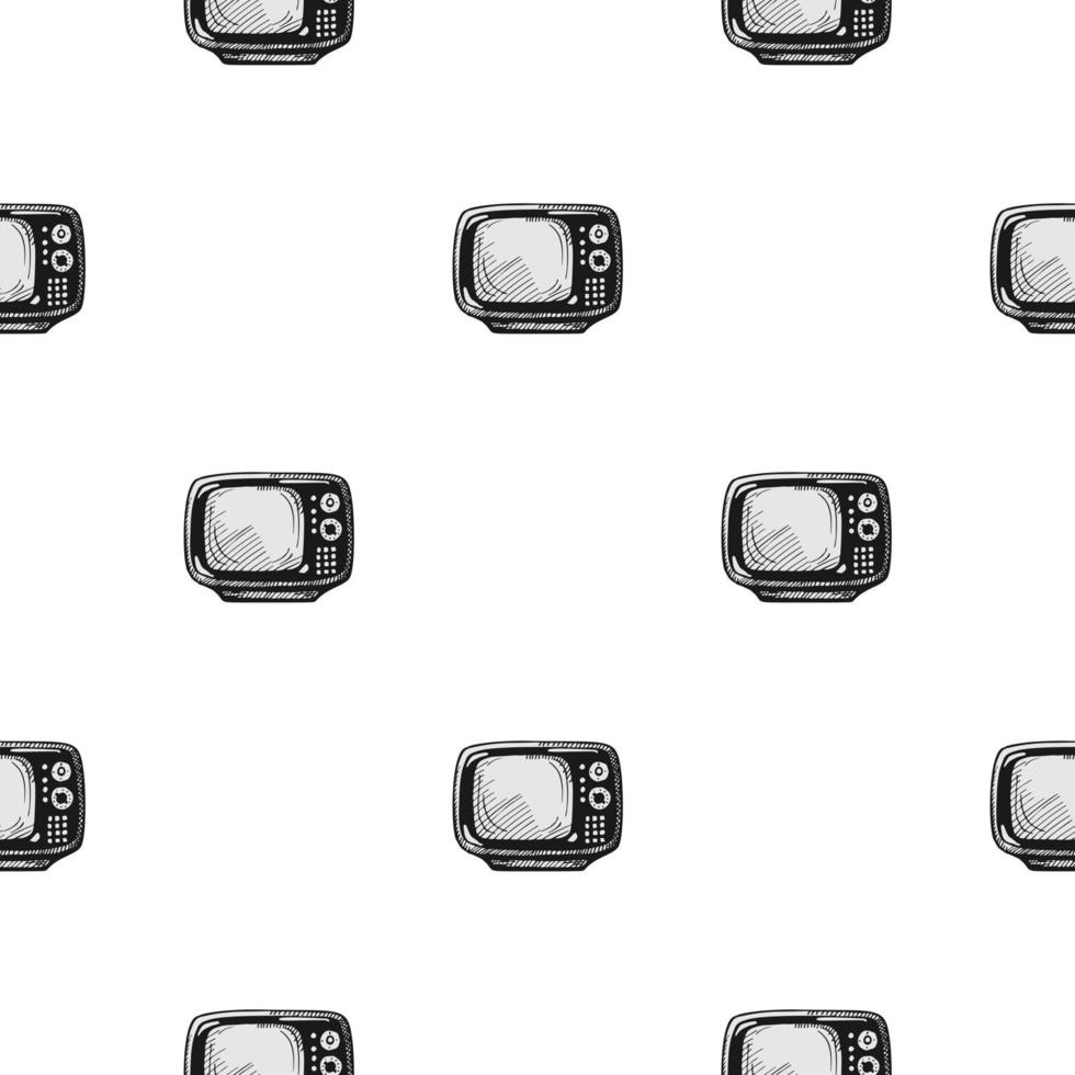Retro TV engraved seamless pattern. Vintage television background in hand drawn style. vector