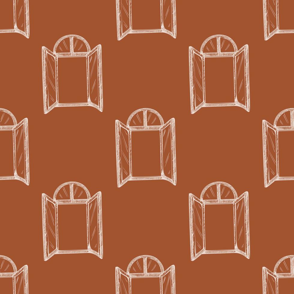 Seamless pattern of retro arch windows engraving. Vintage background cute window in hand drawn style. vector