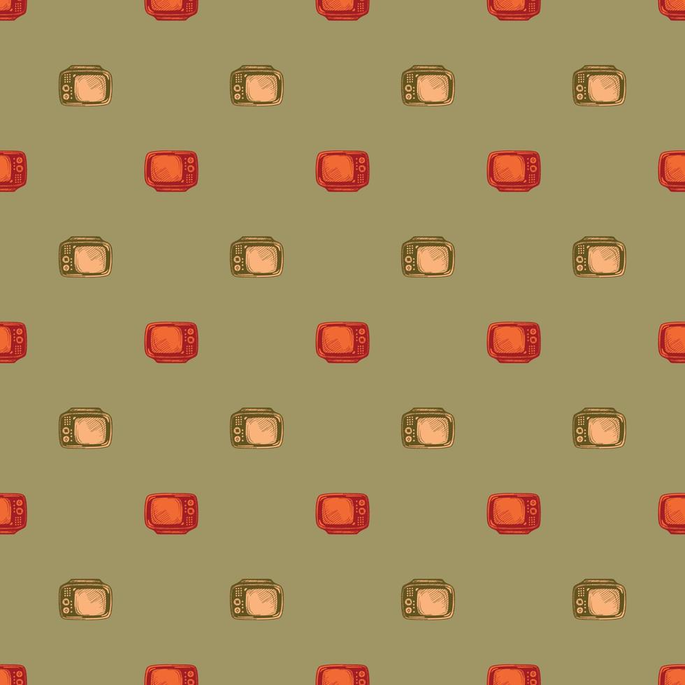 Retro TV engraved seamless pattern. Vintage television background in hand drawn style. vector