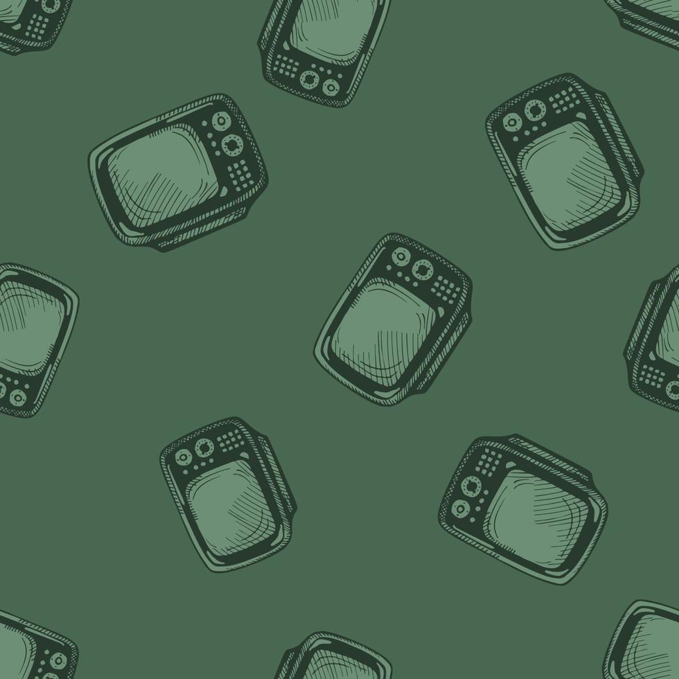 Retro TV engraved seamless pattern. Vintage television background in hand drawn style. vector