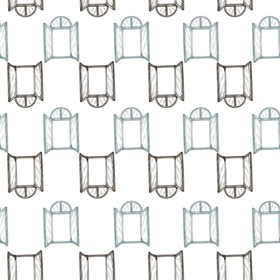 Seamless pattern of retro arch windows engraving. Vintage background cute window in hand drawn style. vector