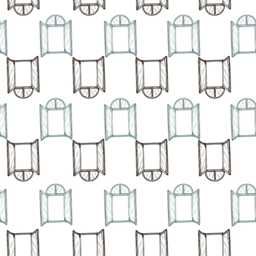 Seamless pattern of retro arch windows engraving. Vintage background cute window in hand drawn style. vector