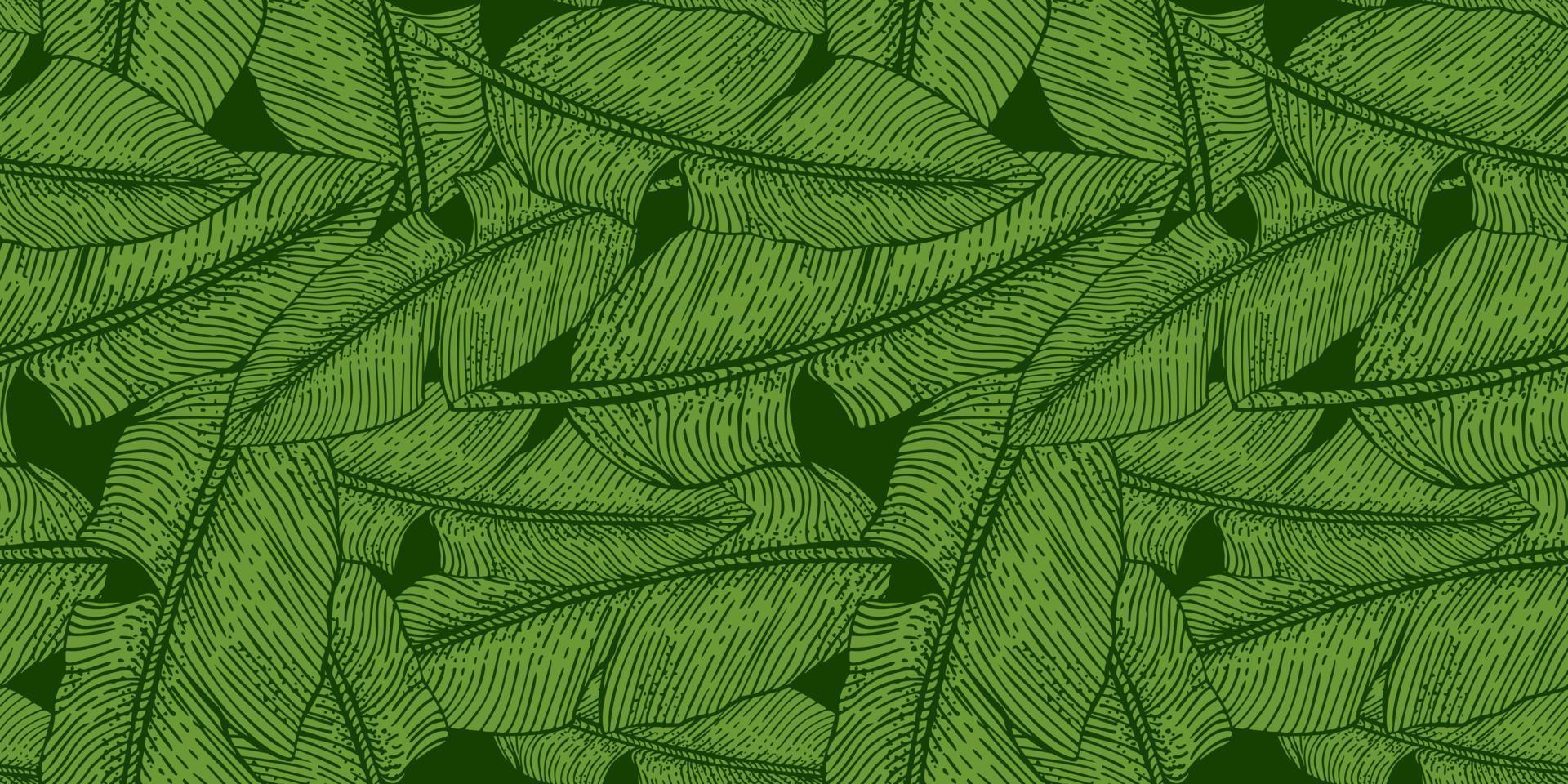 Banana leaf engraved seamless pattern. Retro tropical leaves green. vector