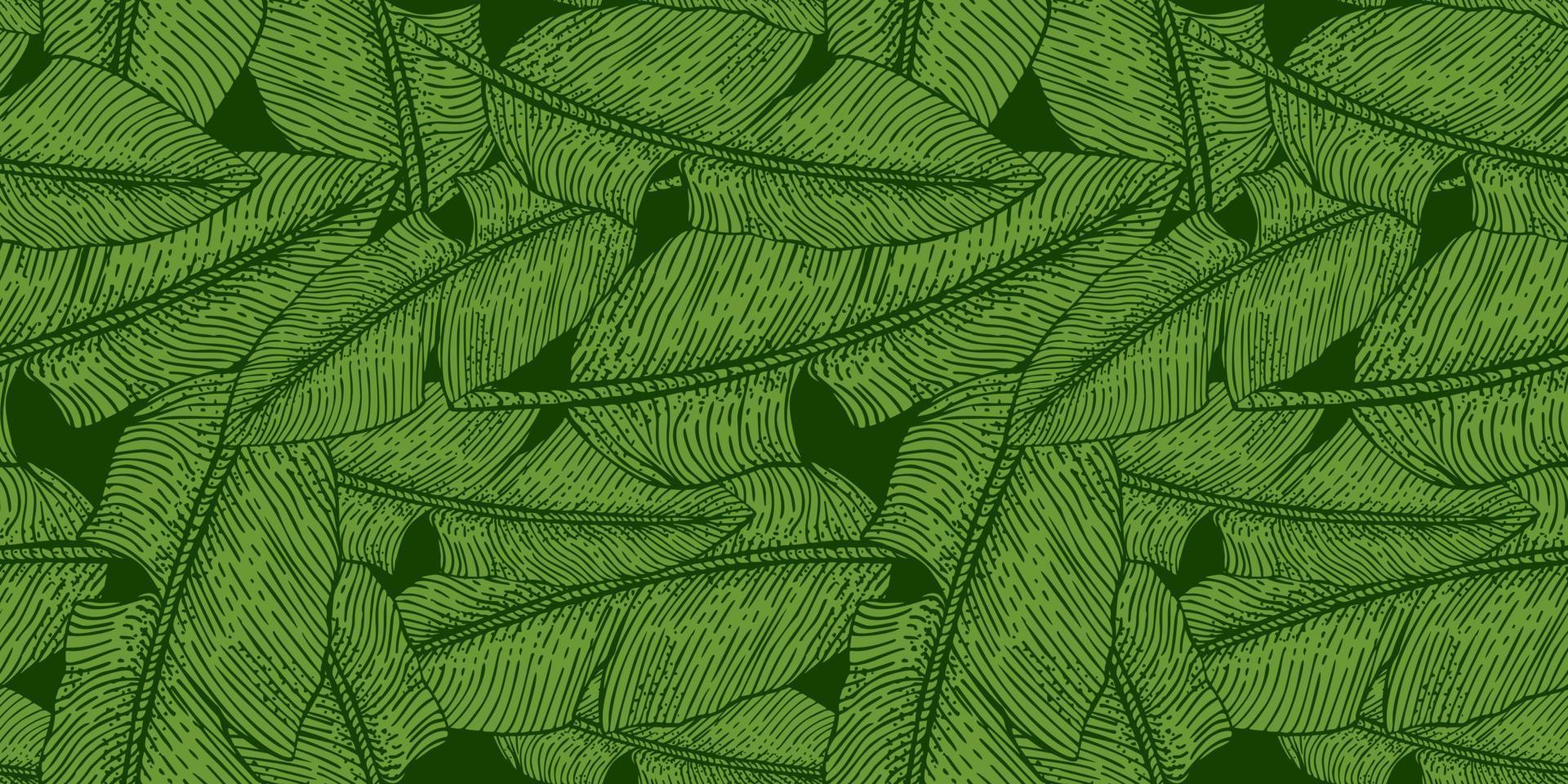 Banana leaf engraved seamless pattern. Retro tropical leaves green. vector