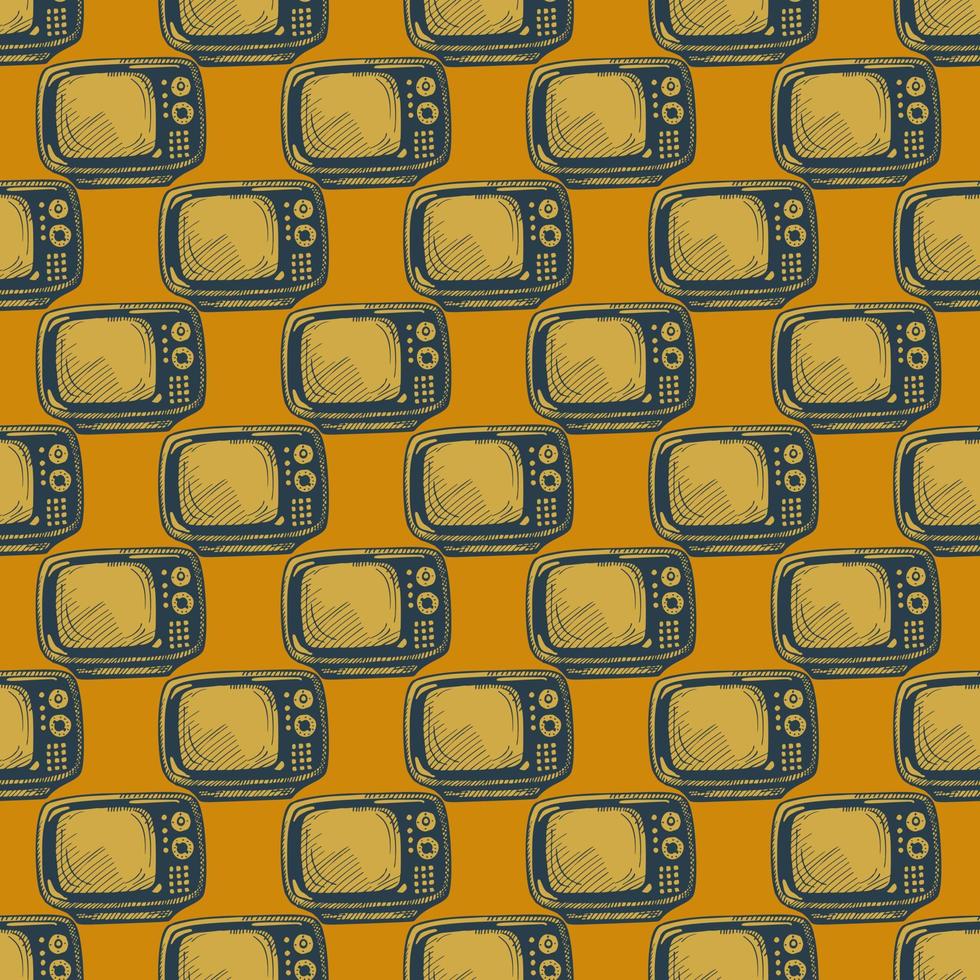 Retro TV engraved seamless pattern. Vintage television background in hand drawn style. vector