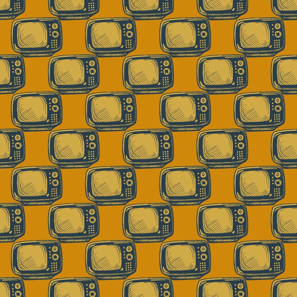 Retro TV engraved seamless pattern. Vintage television background in hand drawn style. vector