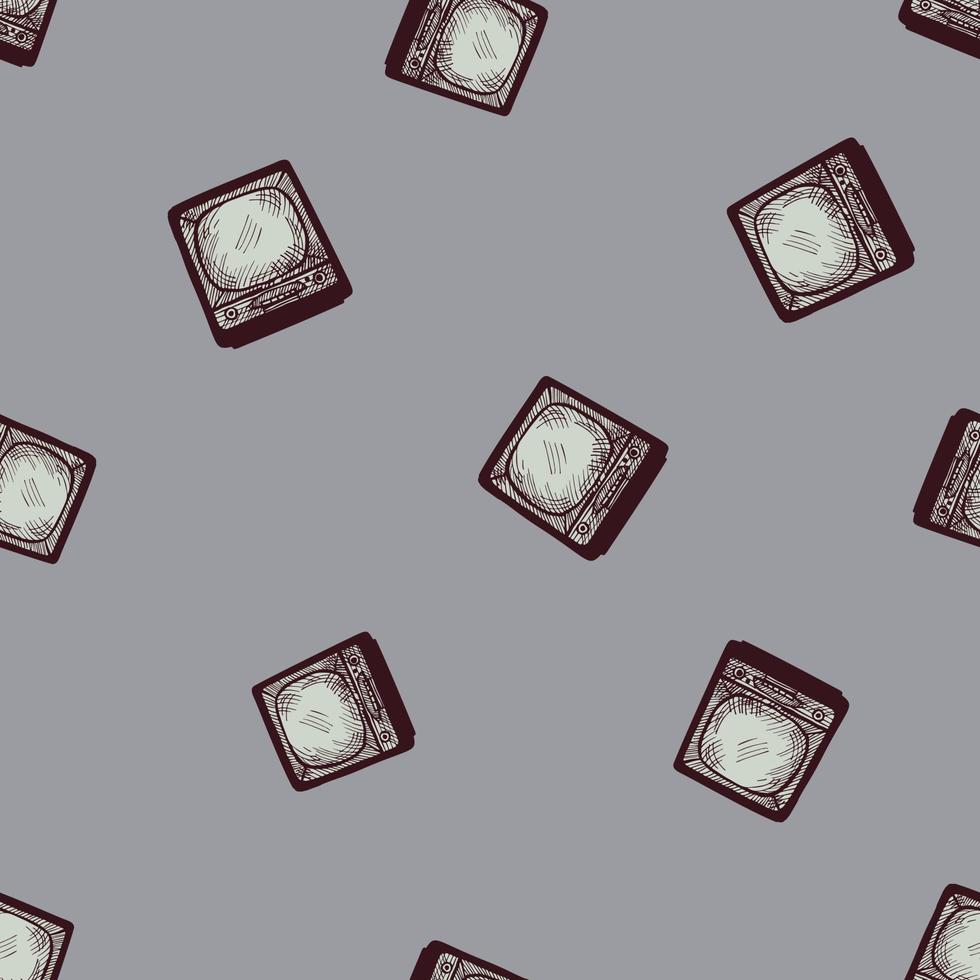 Retro TV engraved seamless pattern. Vintage television media equipment in hand drawn style. vector