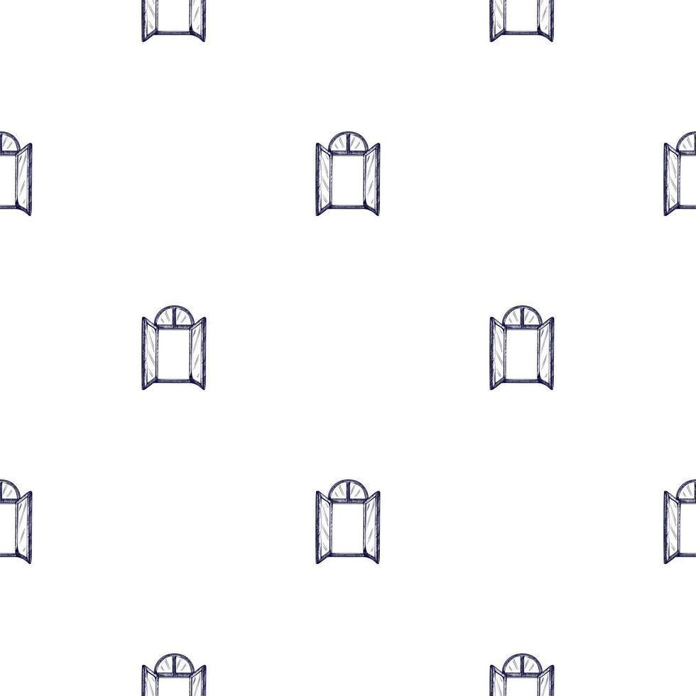 Seamless pattern of retro arch windows engraving. Vintage background cute window in hand drawn style. vector