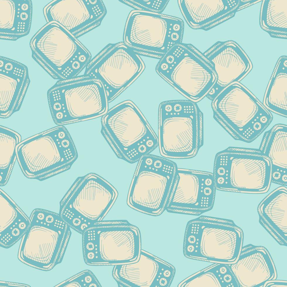 Retro TV engraved seamless pattern. Vintage television background in hand drawn style. vector