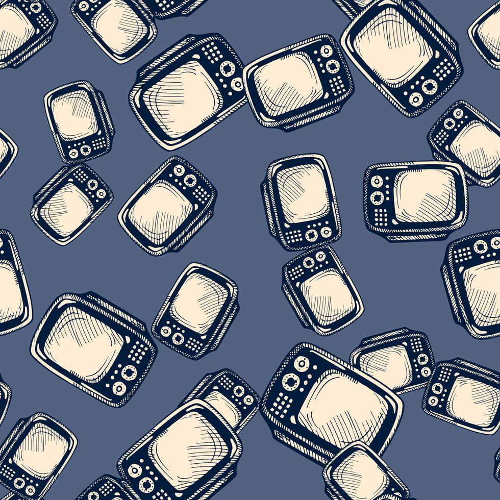 Retro TV engraved seamless pattern. Vintage television background in hand drawn style. vector