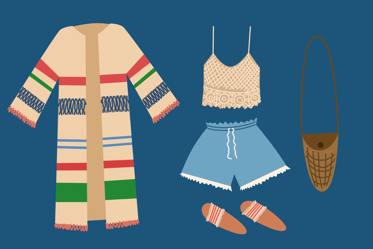 un conjunto de atuendos boho y varios elementos boho. ropa de moda, bolso, top, shorts, chaqueta, zapatos. vector