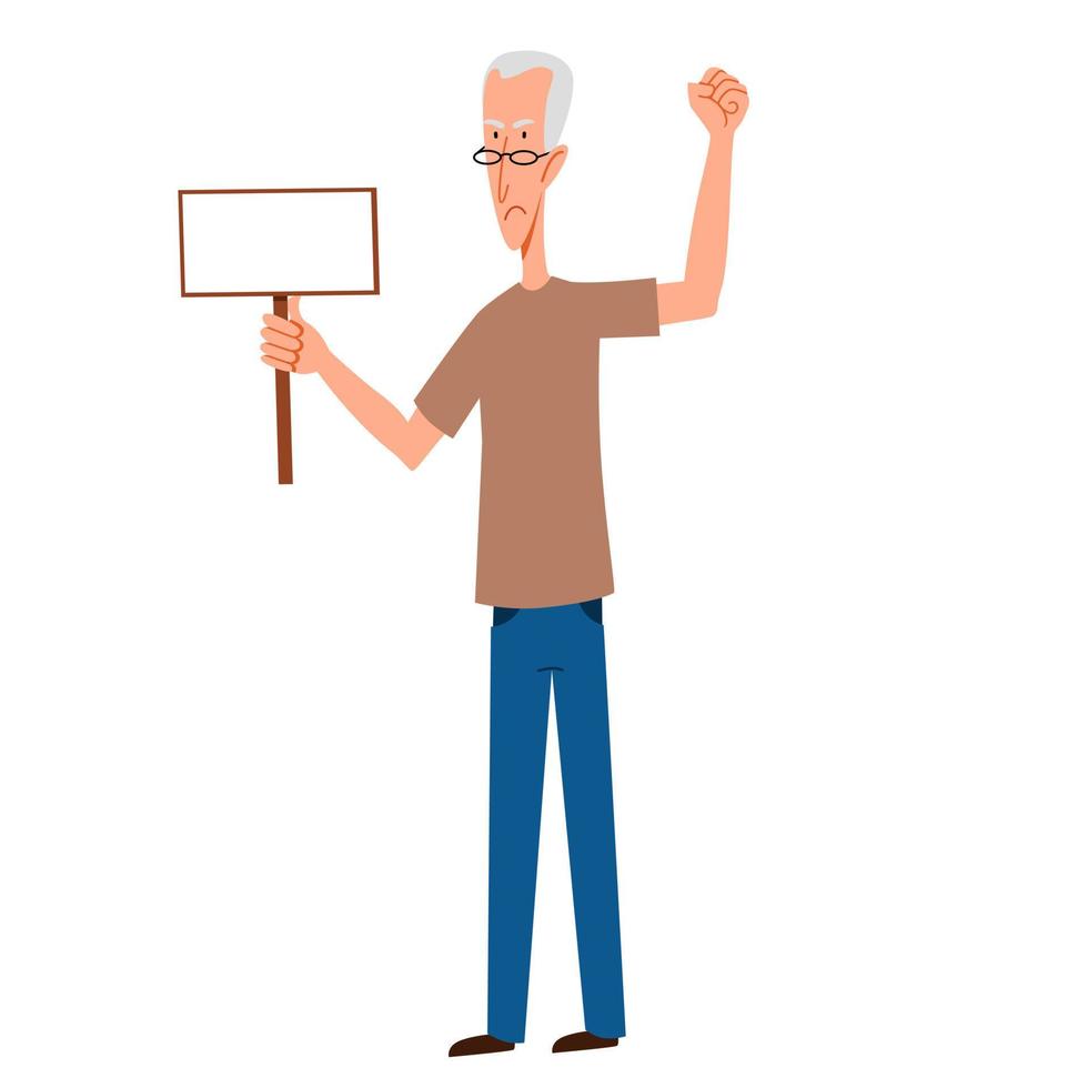 A gray-haired, thin man with a sign for text in his hand. A protesting person against discrimination with a raised fist . vector