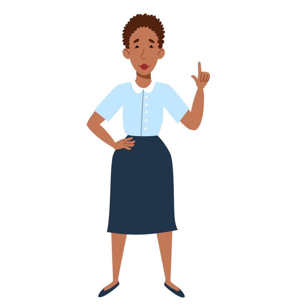 A female character in a blouse and skirt. A skinny African-American woman in full height. vector