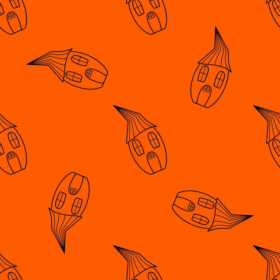 Seamless vector pattern of contour houses in the style of doodles on an orange background.